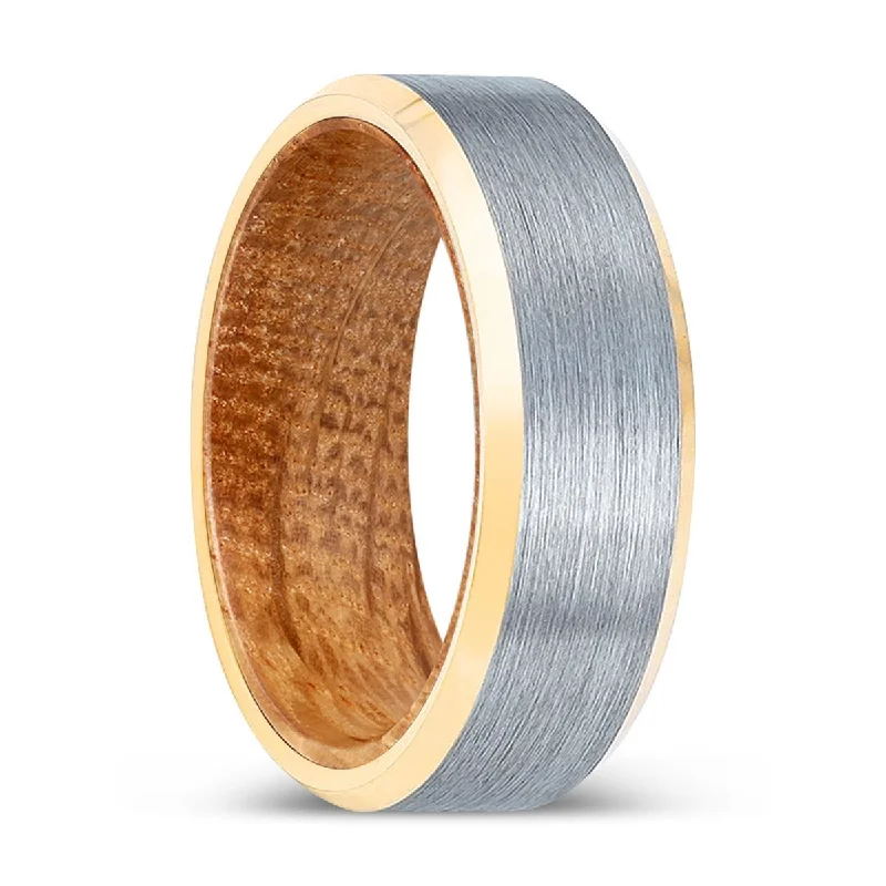 designer rings for women-PINESCAR | Whiskey Barrel Wood, Brushed, Silver Tungsten Ring, Gold Beveled Edges