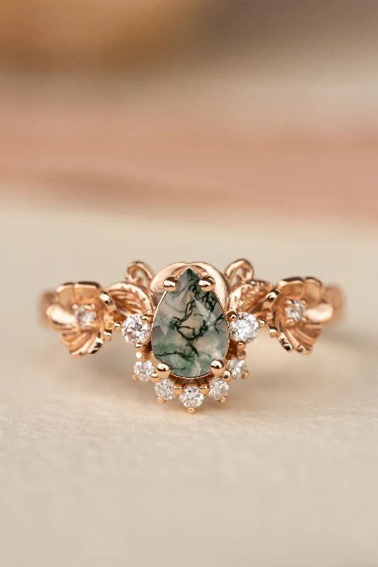 custom halo engagement rings for women-Pear moss agate engagement ring with half-halo diamond, rose gold flower proposal ring / Adelina