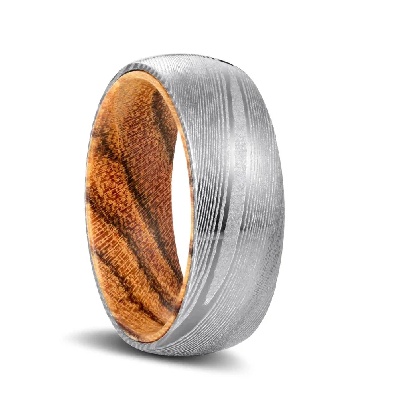 beautiful stackable rings for women-UMBER | Bocote Wood, Silver Damascus Steel, Domed