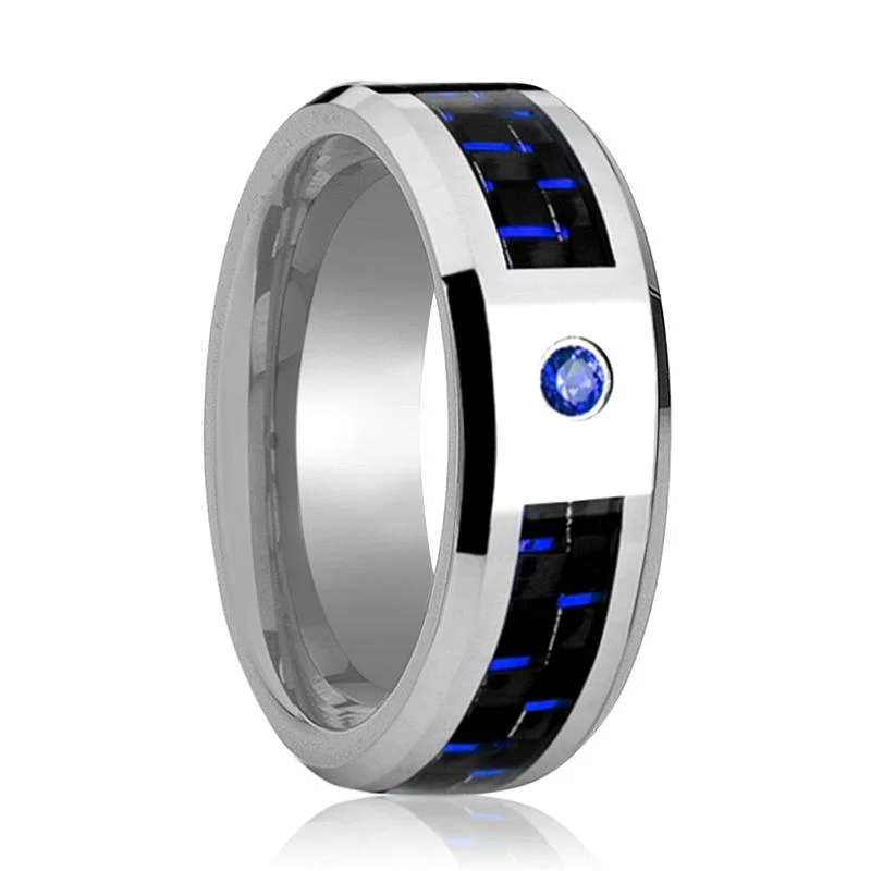 boho rings for women-NEPTUNE | Silver Tungsten Ring Blue Sapphire Stone, Black & Blue Carbon Fiber Inlay, Beveled