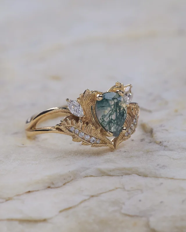 princess-cut engagement rings for women-Natural moss agate engagement ring, gold fantasy ring with diamonds / Adonis