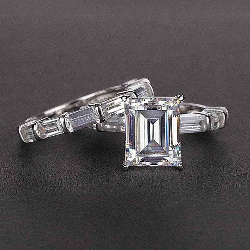 engagement rings with modern design for women-Emerald Cut Ruby Vintage Wedding Ring Set