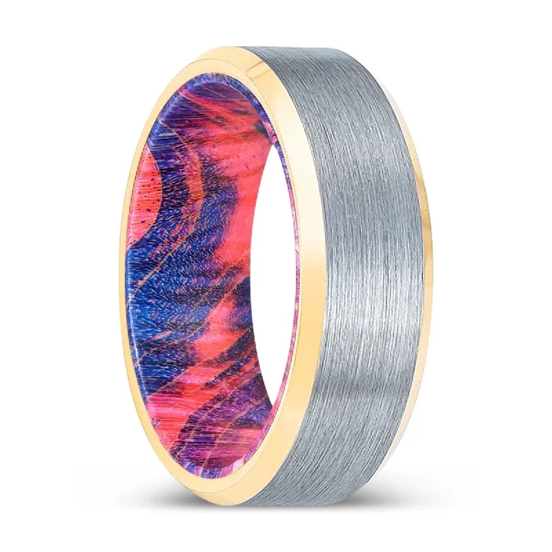 modern rings for women-MARWAN | Blue & Red Wood, Brushed, Silver Tungsten Ring, Gold Beveled Edges