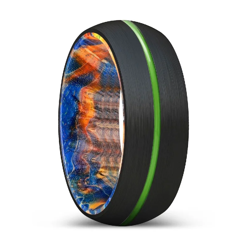 fine jewelry rings for women-VAPOR | Blue & Yellow/Orange Wood, Black Tungsten Ring, Green Groove, Domed