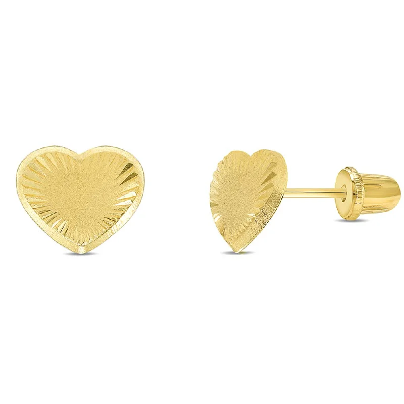 statement gold earrings for women-14k Yellow Gold Textured and Matte Finish Heart Stud Earrings with Screw Back