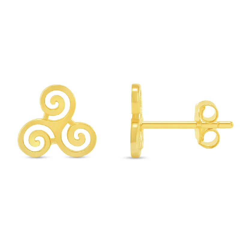 small hoop earrings for women-Solid 14k Yellow Gold Celtic Triple Spiral Triskelion Stud Earrings with Screw Back, 8.5mm x 9mm