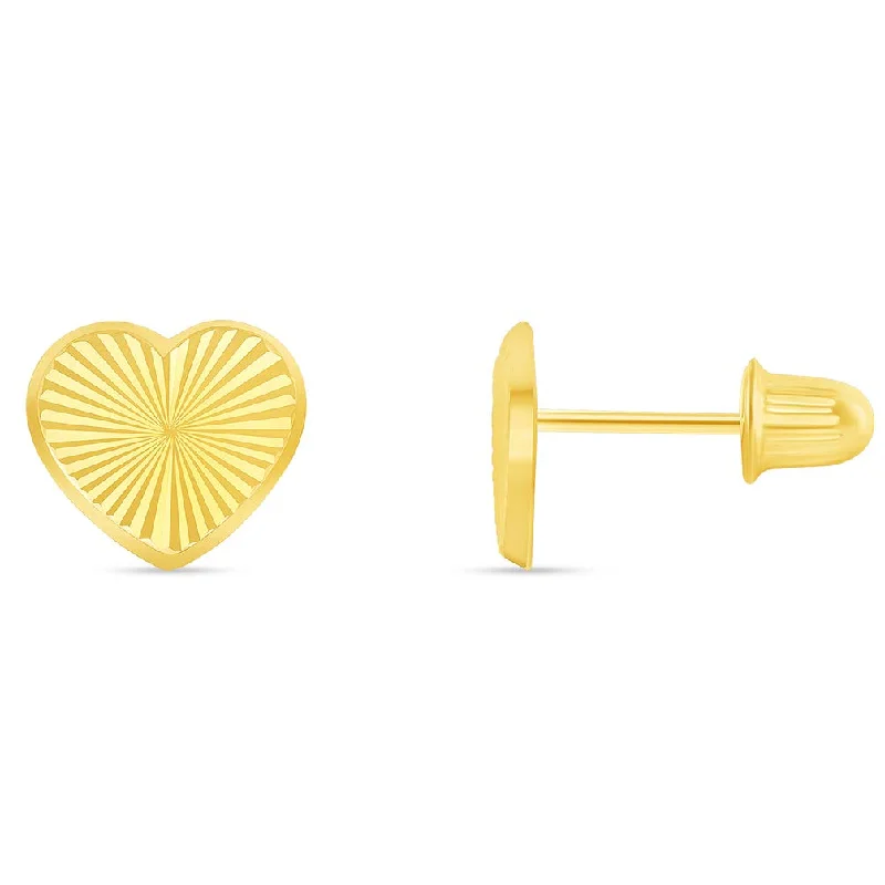 silver earrings for women-14k Yellow Gold Textured Heart Stud Love Stud Earrings with Screw Back