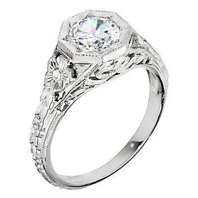 engagement rings with antique style for women-Vintage Style Floral Solitaire Engagement Ring Mounting