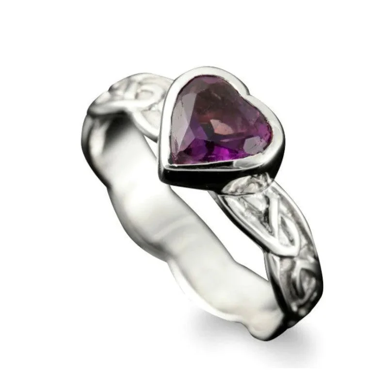 gold wedding bands for women-Samphrey Celtic Heart Ring in Sterling Silver or Gold with Amethyst - R145/A