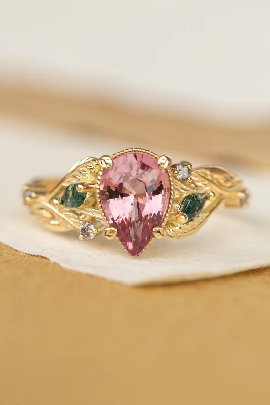 luxury platinum engagement rings for women-Pink spinel nature themed engagement ring with moss agates and salt and pepper diamonds / Patricia