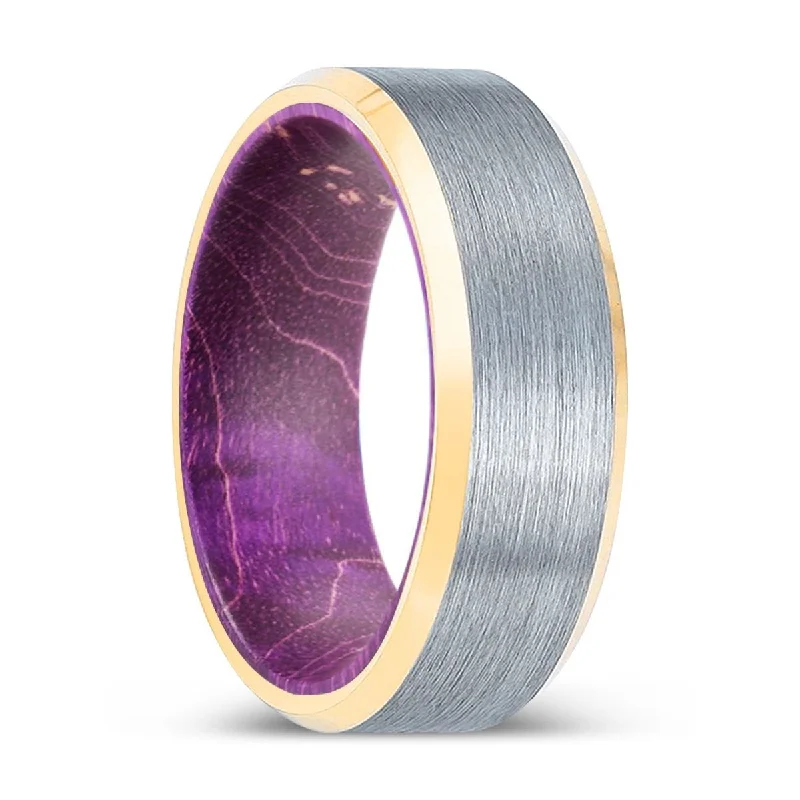 personalized rings for women-BLANDLARCH | Purple Wood, Brushed, Silver Tungsten Ring, Gold Beveled Edges