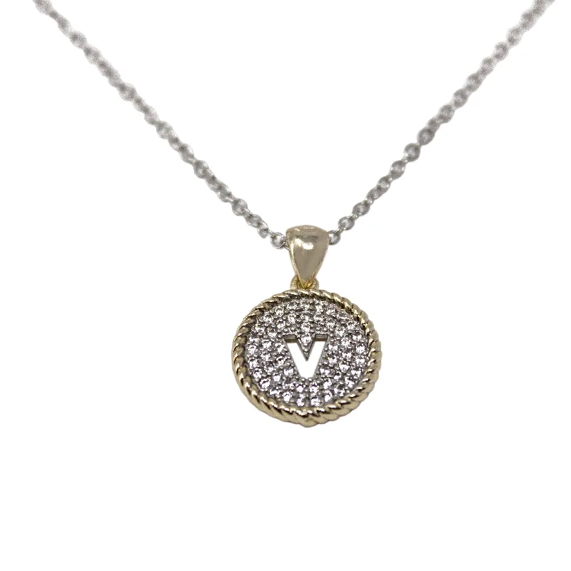 classic necklaces for women-Two Tone Necklace Round Pave Initial - V