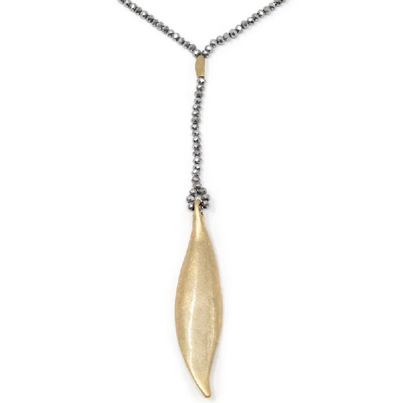 classic pendant necklaces for women-Long Beaded Lariat Necklace with Hammered Leave Grey