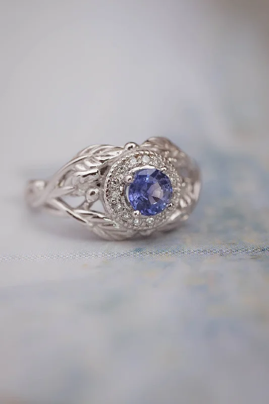 gemstone engagement rings for women-Leaf engagement ring with sapphire and diamonds / Tilia halo