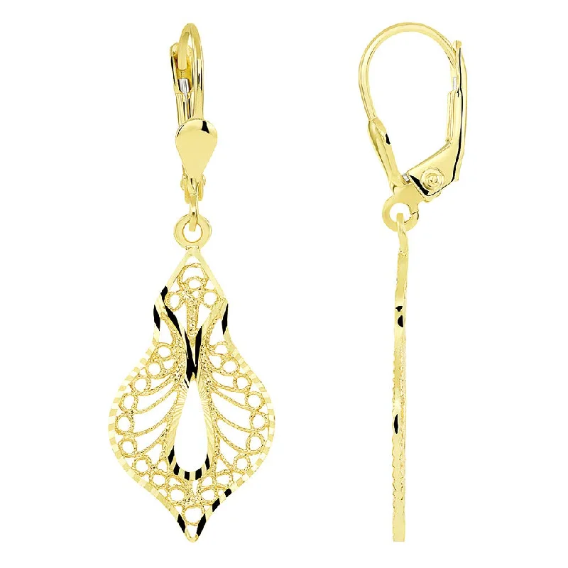 chunky earrings for women-14k Yellow Gold Textured Boho-Chic Elegant Filigree Dangle Earrings with Lever Back