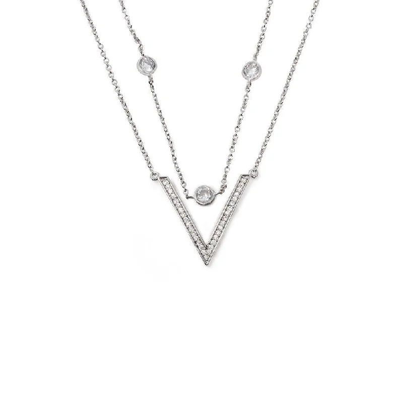 classic necklaces for women-Two Layer Cubic Zirconia V Necklace Rhodium Plated