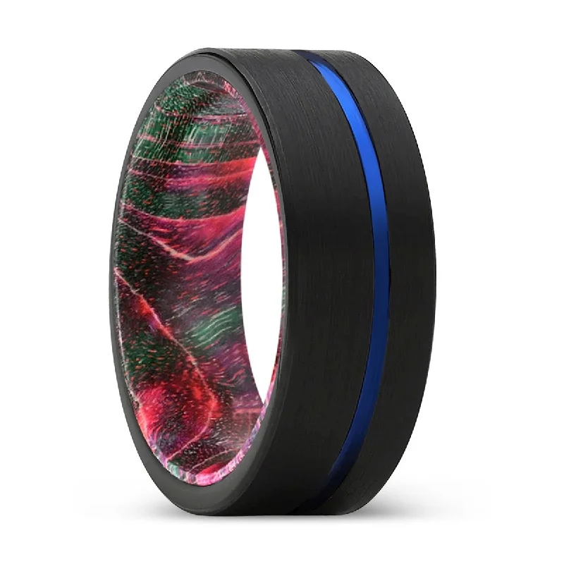 personalized rings for women-PSEUDO | Green & Red Wood, Black Tungsten Ring, Blue Offset Groove, Flat