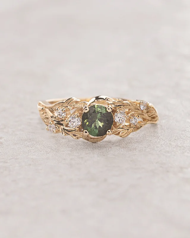 solitaire engagement rings for women-Green tourmaline and diamonds ring / Japanese Maple