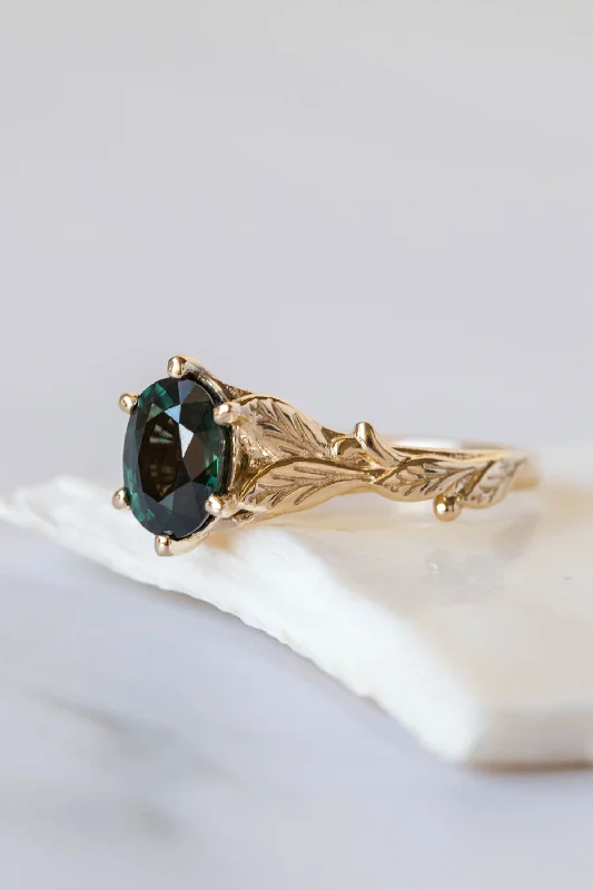 romantic diamond engagement rings for women-Dark teal sapphire engagement ring, oval cut gemstone gold leaf ring / Freesia