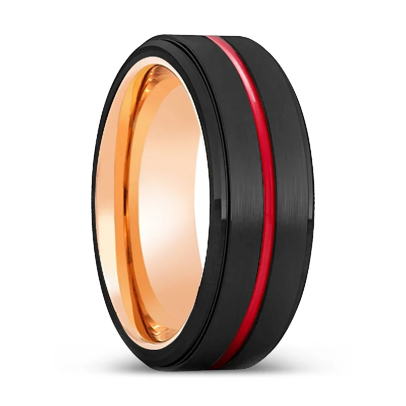 gold diamond rings for women-UNDERTAKER | Rose Gold Ring, Black Tungsten Ring, Red Groove, Stepped Edge