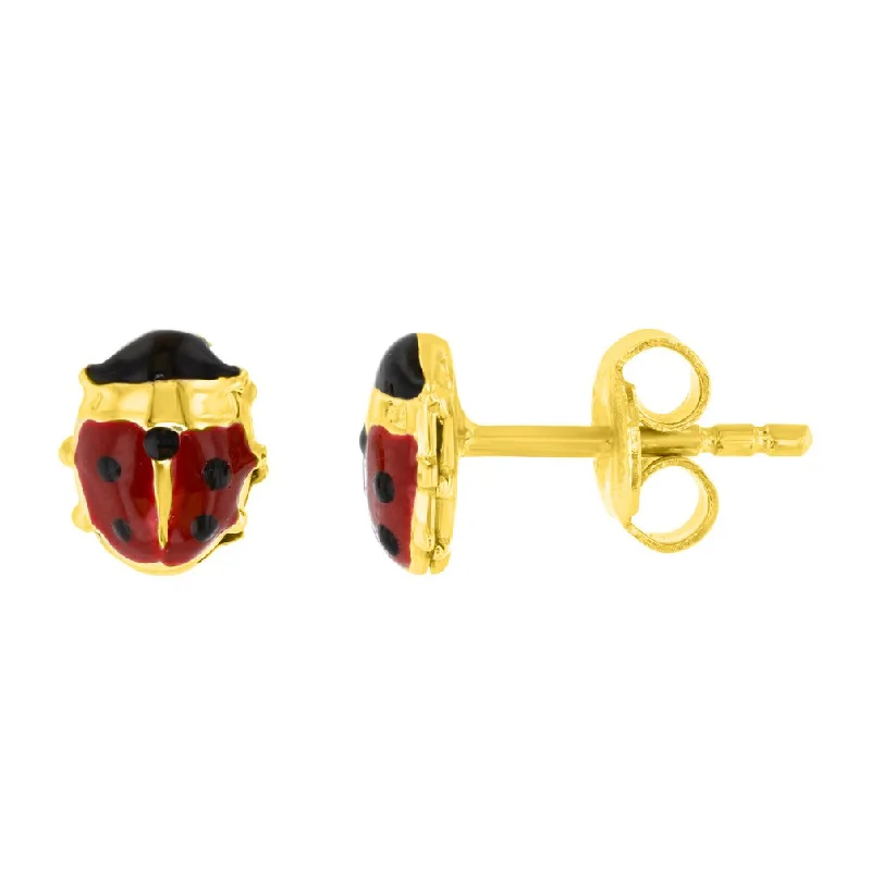 gold hoop earrings for women-14k Yellow Gold Ladybug Stud Earrings with Red and Black Enamel