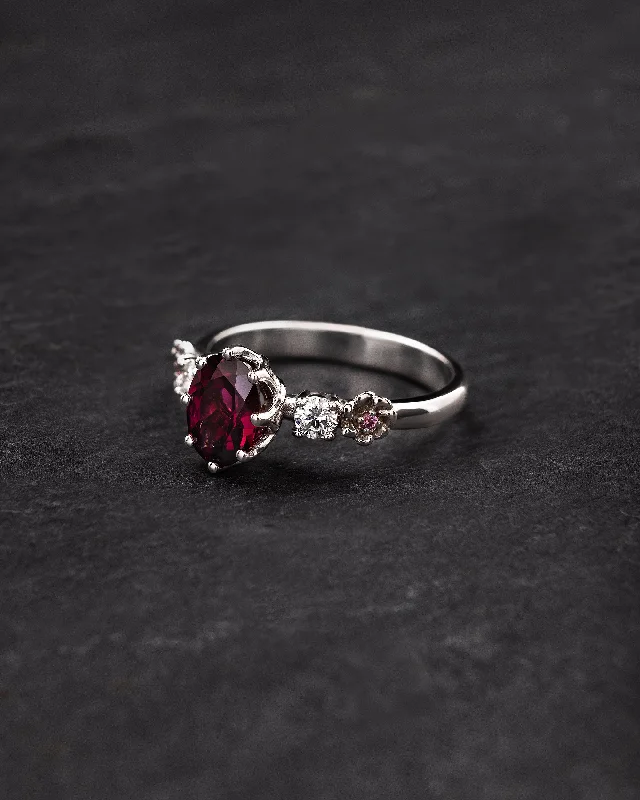 romantic gemstone engagement rings for women-Rhodolite garnet engagement ring, white gold flower ring with diamonds and tourmalines / Fiorella