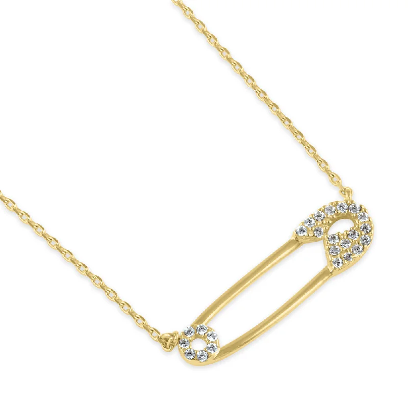 fashion necklaces for women-Solid 14K Gold Safety Pin CZ Necklace