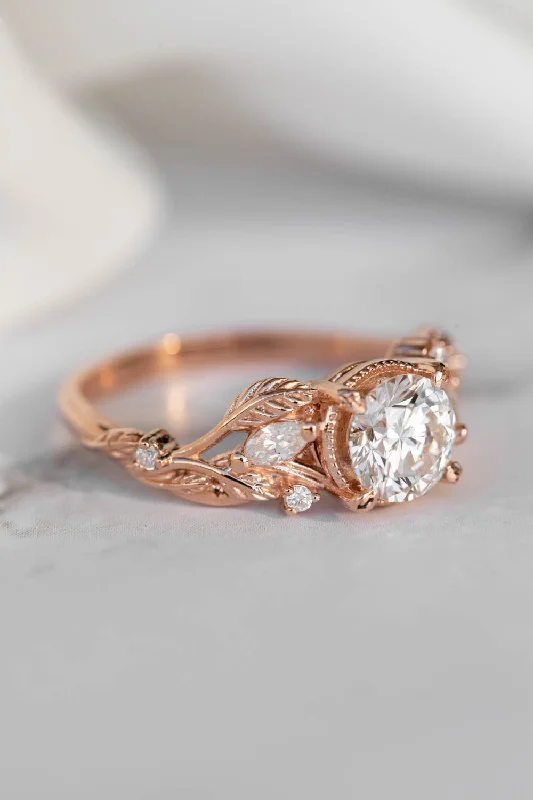 gemstone engagement rings for women-Lab grown diamond engagement ring, rose gold ring with leaves and diamonds / Patricia