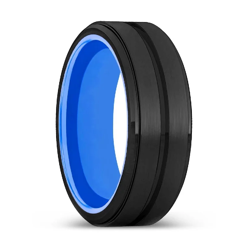 pearl rings for women-DUKES | Blue Ring, Black Tungsten Ring, Grooved, Stepped Edge