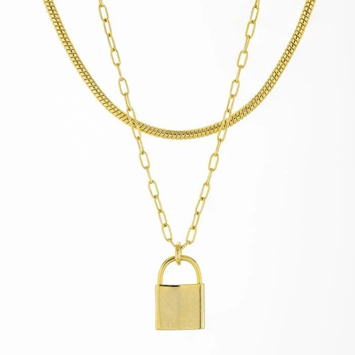 luxury gemstone necklaces for women-18K Gold Plated Brass Lock Pendant Layered Necklace