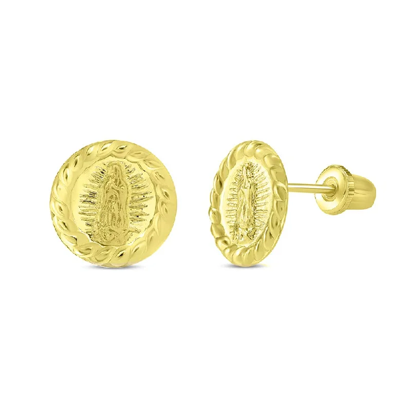 chic earrings for women-14k Yellow Gold Our Lady Of Guadalupe Stud Earrings in Round Rope Design with Screw Back