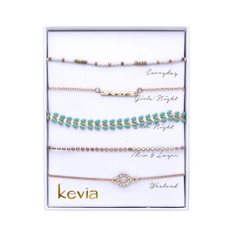 charm bracelets for women-Beaded Gold and Green Bracelet Set