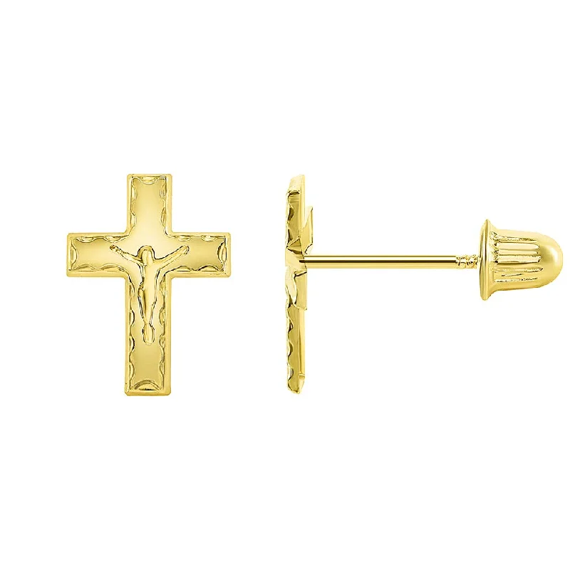 custom gold earrings for women-14k Yellow Gold Christian Cross Jesus Silhouette Crucifix Stud Earrings with Screw Back