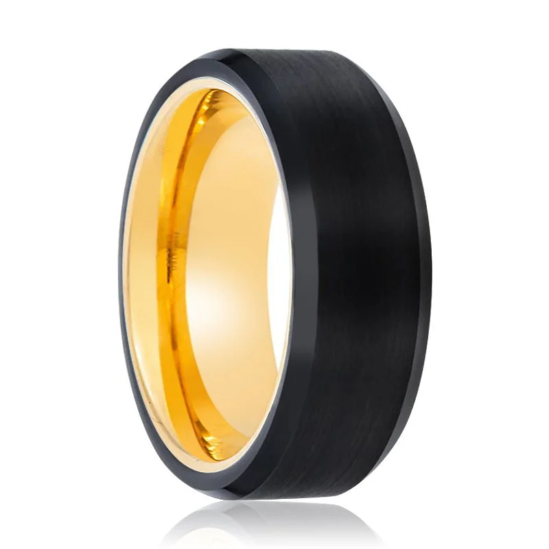 modern rings for women-FLEUR | Gold Ring, Black Tungsten Ring, Brushed, Beveled