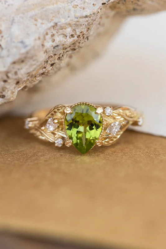 colorful engagement rings for women-Natural peridot engagement ring, gold vines and leaves ring with accent diamonds  / Patricia