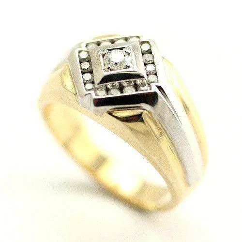 engagement rings for women-Mens 9ct Yellow & White Gold Diamond Ring - DG8659