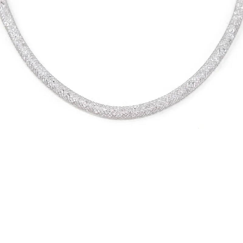 gold necklaces for women-Mesh Clear Crystal Necklace Rhodium Plated