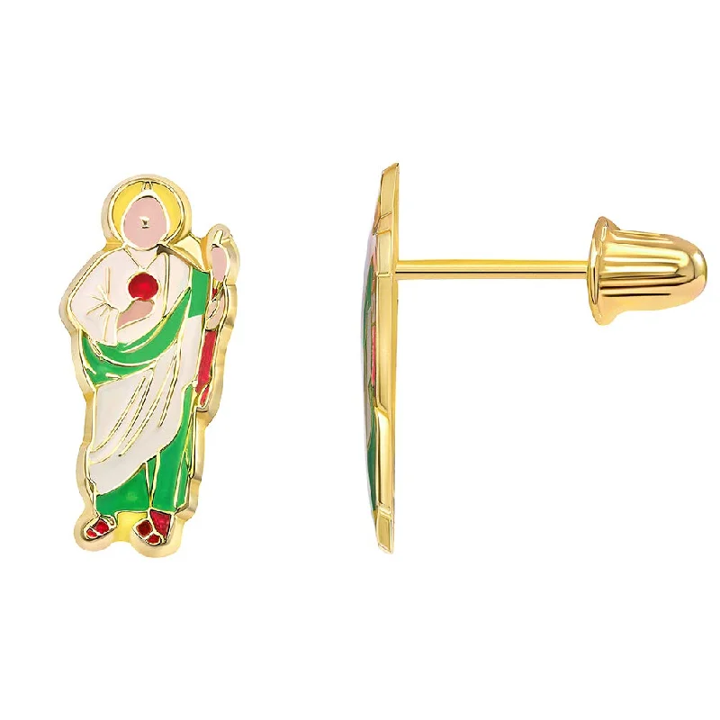 minimalist earrings for women-14k Yellow Gold Enamel St Jude Thaddeus Patron Saint Stud Earrings with Screw Back