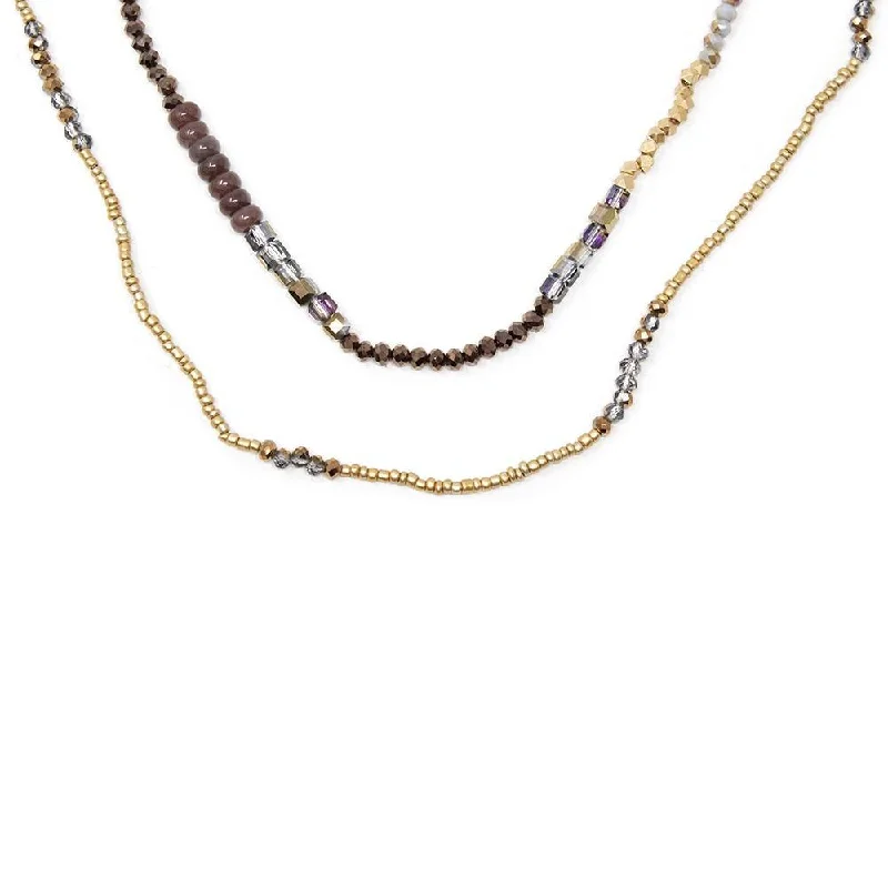 delicate gold necklaces for women-Two Row Glass Beaded Long Necklace Brown