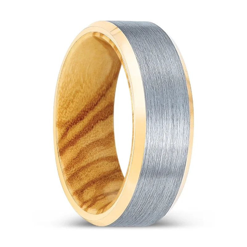 unique wedding rings for women-PEACHPAW | Olive Wood, Brushed, Silver Tungsten Ring, Gold Beveled Edges