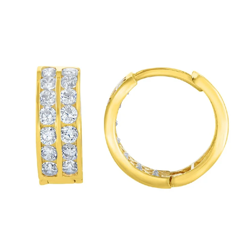 beautiful earrings for women-Solid 14K Yellow Gold 5mm Double Row Huggie Hoop Earrings with Cubic Zirconia