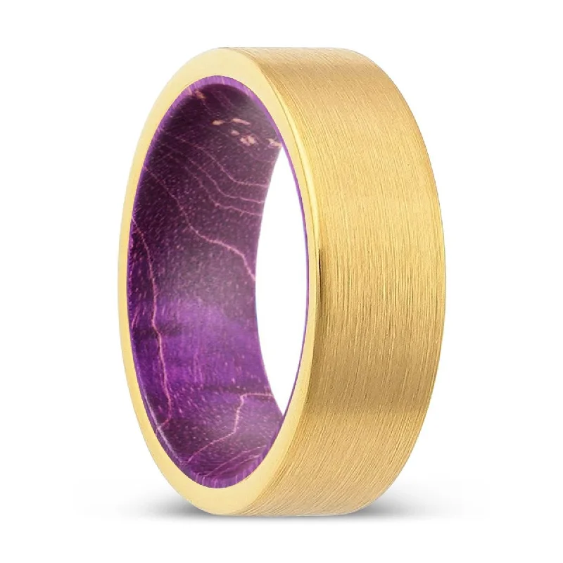 vintage rings for women-BRYXTON | Purple Wood, Gold Tungsten Ring, Brushed, Flat