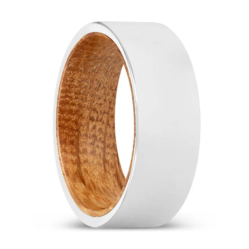 multi-stone rings for women-FORREST | Whiskey Barrel Wood, Silver Tungsten Ring, Shiny, Flat