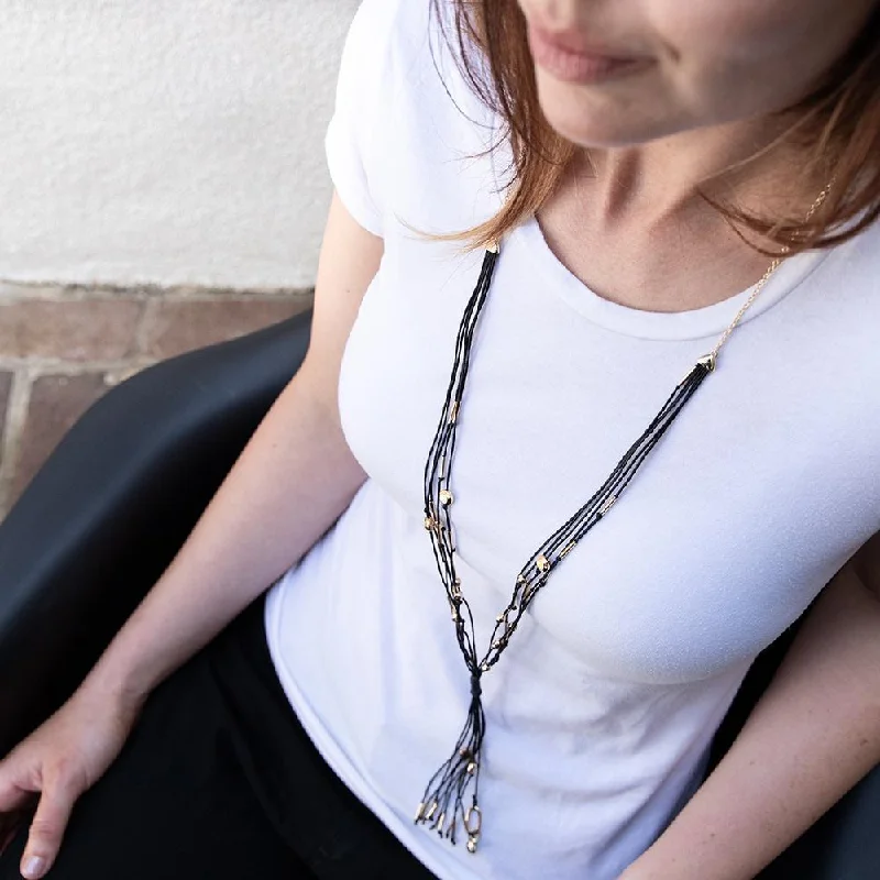 dainty necklaces for women-Multi Strand Necklace with Gold Toned Metal Bead Black