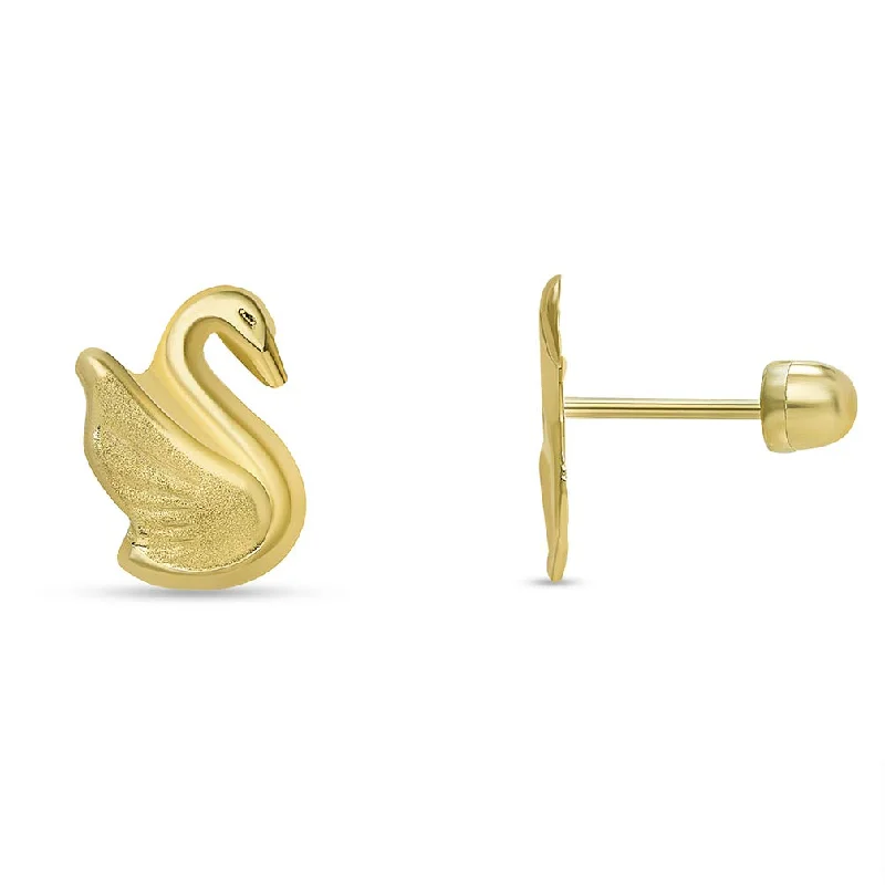 silver earrings for women-14k Yellow Gold Well Detailed Swan Stud Earrings with Screw Back