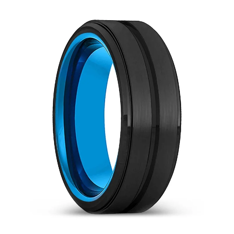 gemstone rings for women-HUNTER | Blue Tungsten Ring, Black Tungsten Ring, Grooved, Stepped Edge