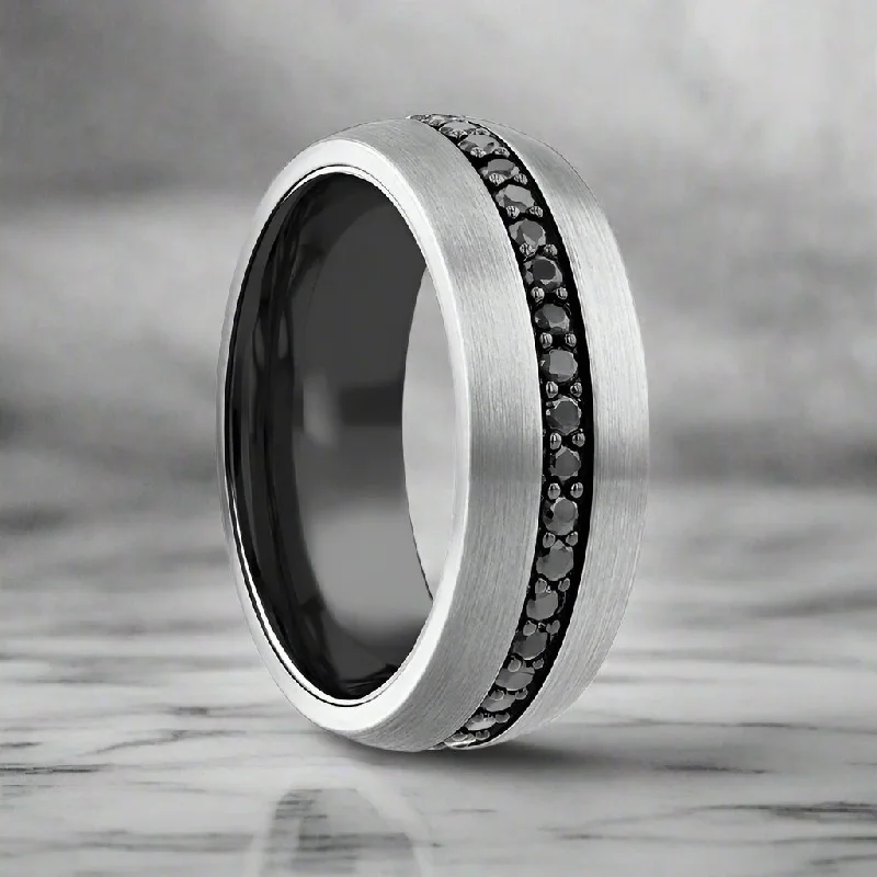 dainty rings for women-PILOT | Gunmetal Tungsten Ring, Black Sapphires, Domed