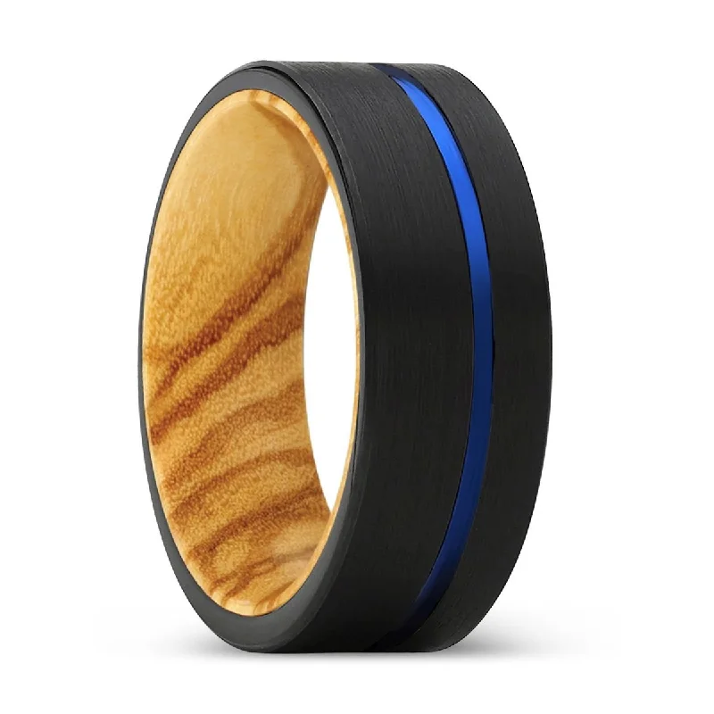 vintage-inspired rings for women-ALPINE | Olive Wood, Black Tungsten Ring, Blue Offset Groove, Flat