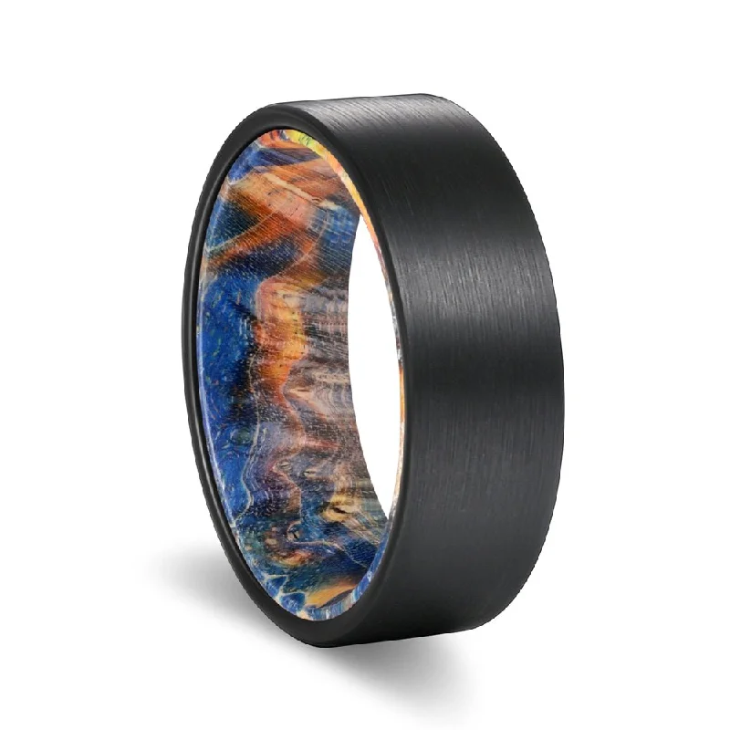 stackable diamond rings for women-JACK | Blue & Yellow/Orange Wood, Black Flat Brushed Tungsten