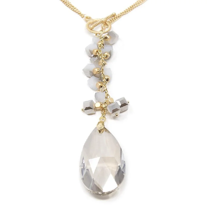 romantic gold necklaces for women-Gold Tone Two Layer Long Necklace with Glass Teardrop Grey